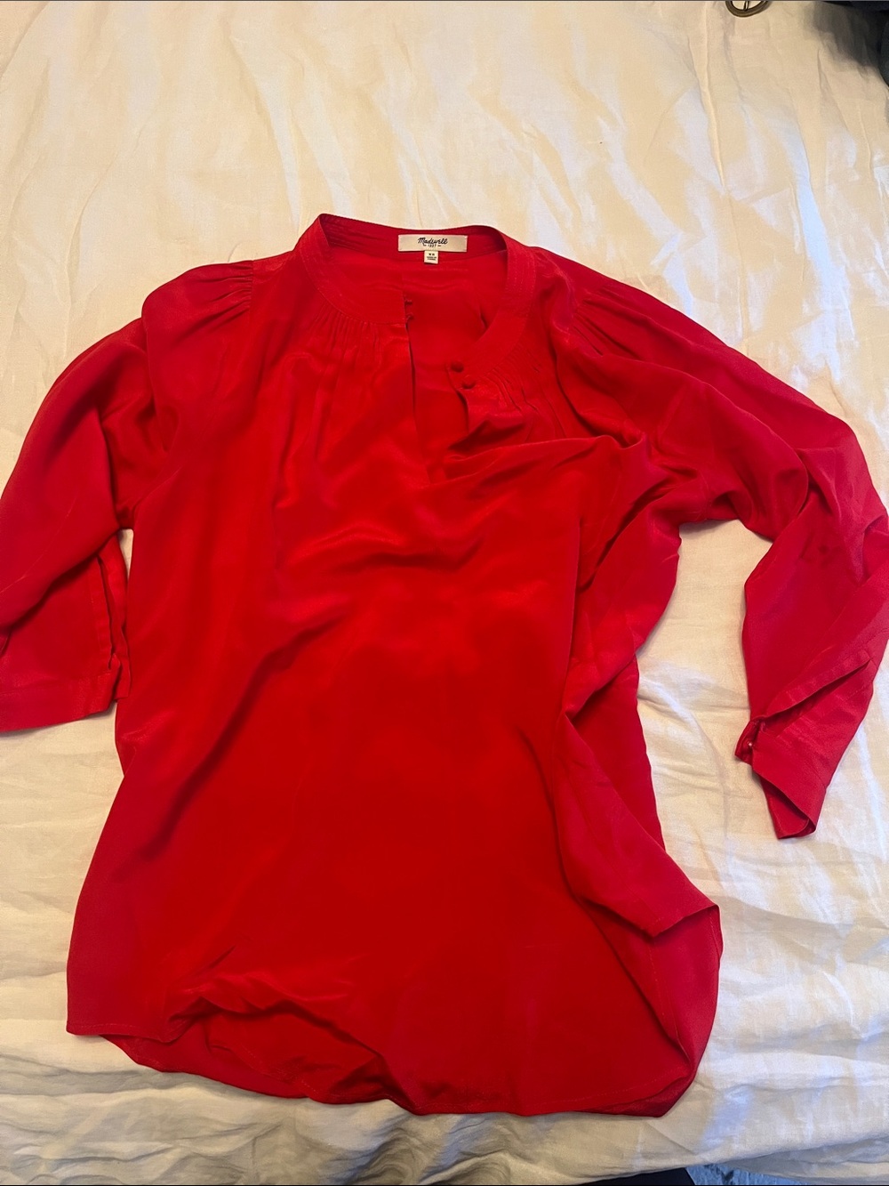 Madewell Vibrant Red Pintuck Neck Long-Sleeve Blouse